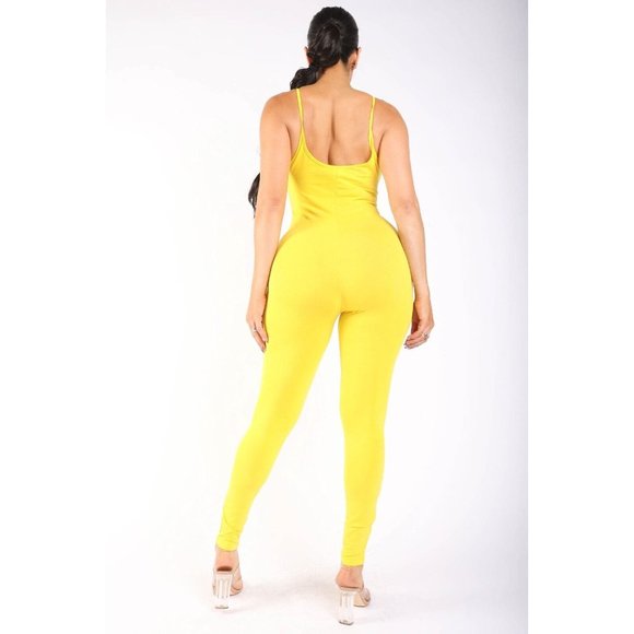 Women's Spaghetti Strap Yellow Bodycon Tank One Piece Jumpsuits Rompers S M L - Picture 5 of 9